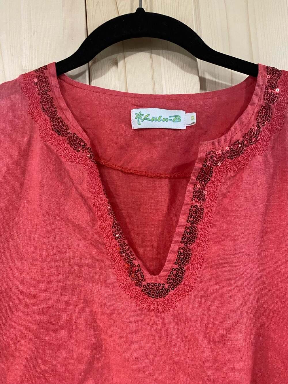 Lulu-B Top Size S Pink Linen Sequin Trim 3/4 Sleeve V-Neck Popover Blouse - Picture 4 of 9